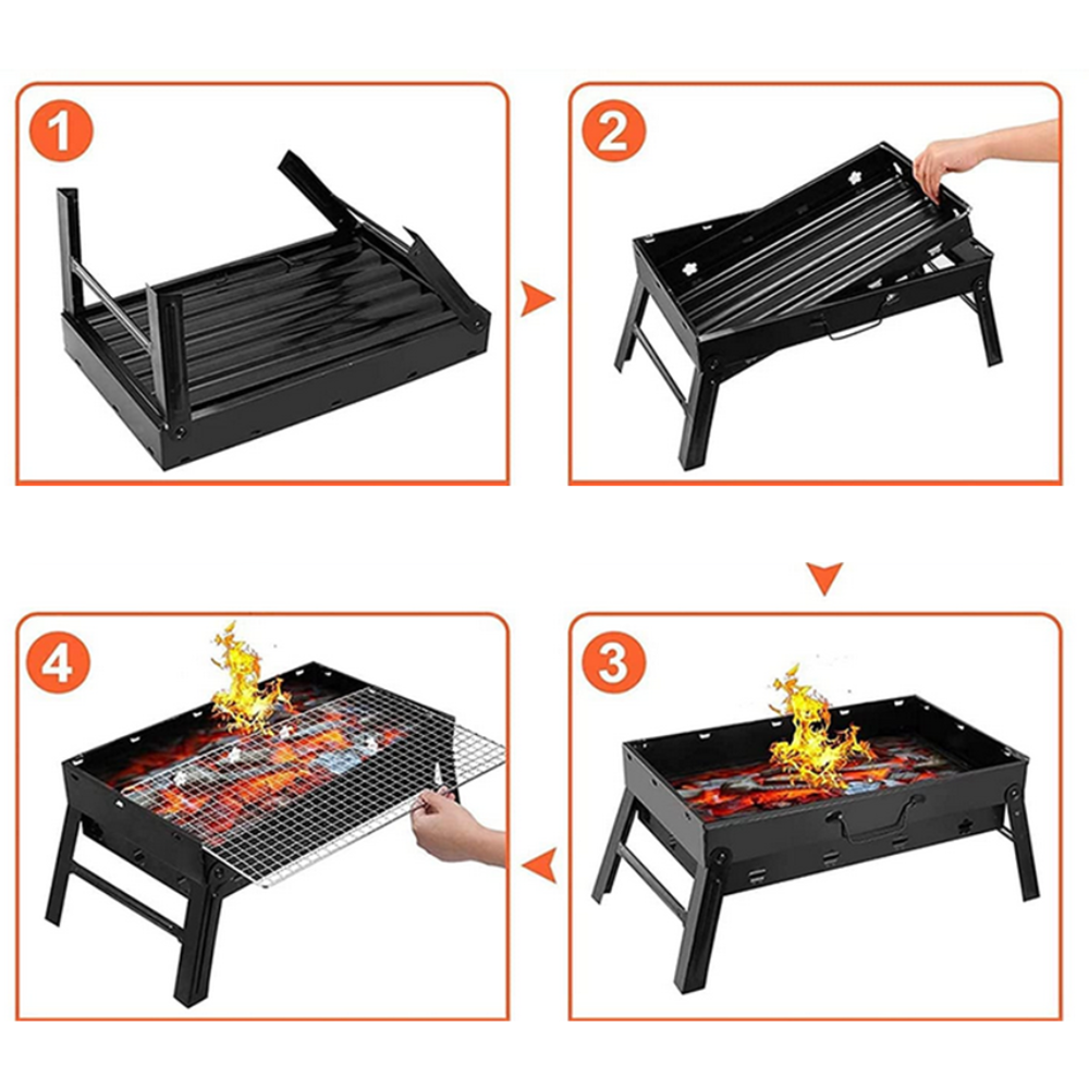 Portable Charcoal Grill, Chrome Tray, Foldable Model, Metal, Black