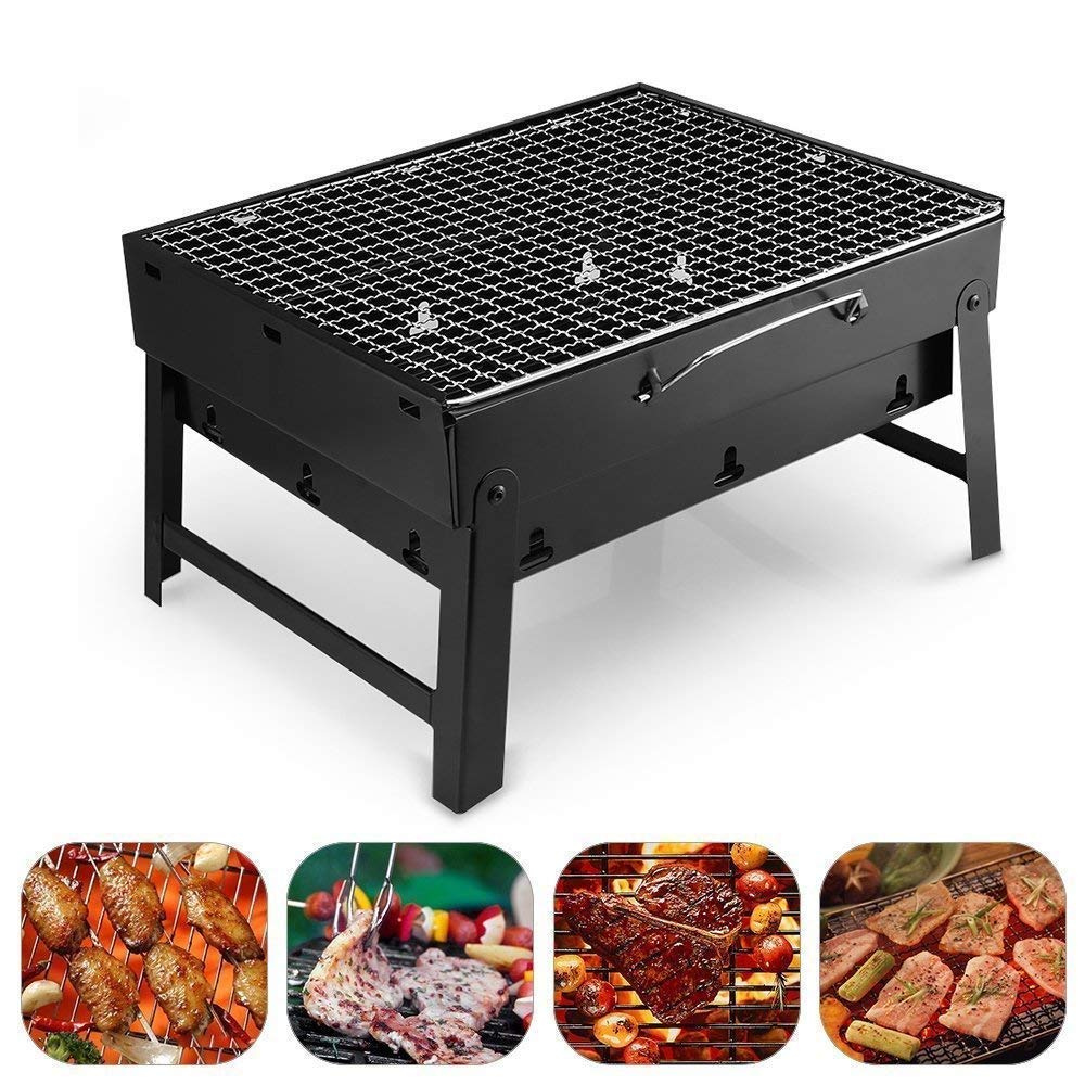 Portable Charcoal Grill, Chrome Tray, Foldable Model, Metal, Black