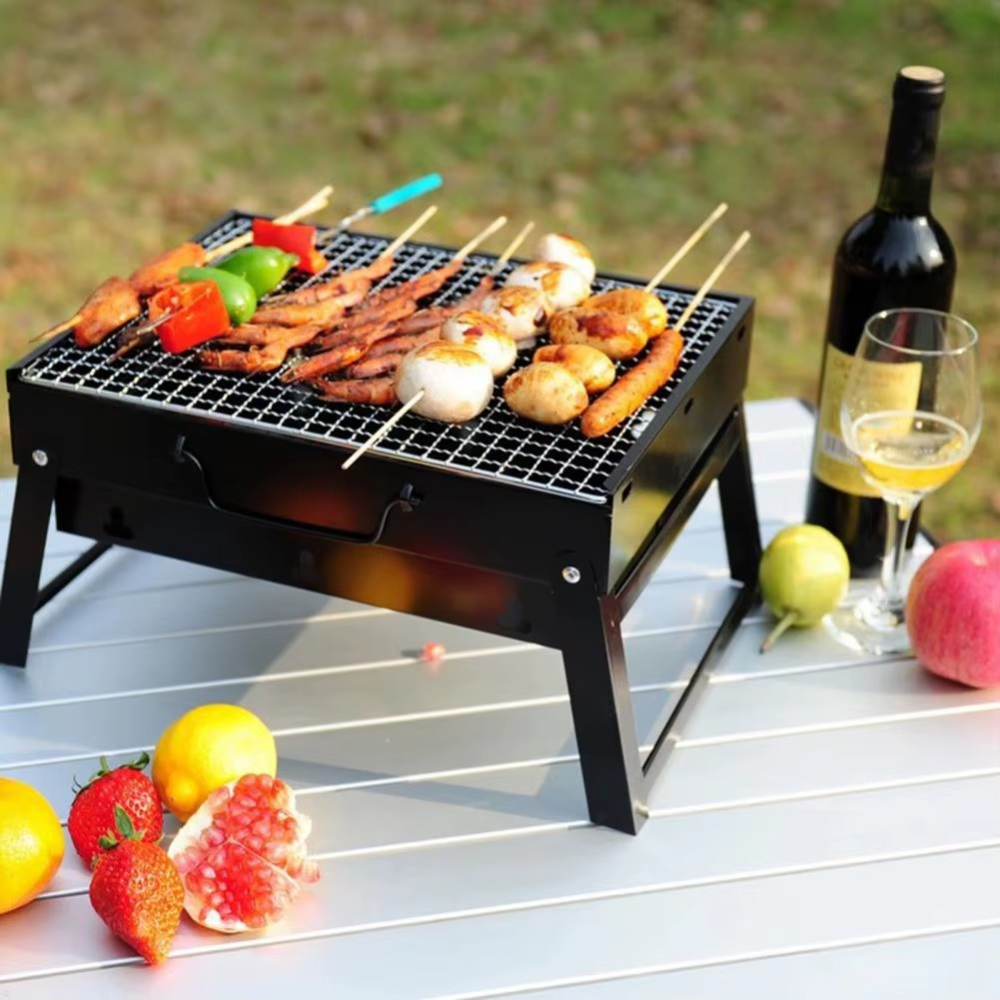 Portable Charcoal Grill, Chrome Tray, Foldable Model, Metal, Black