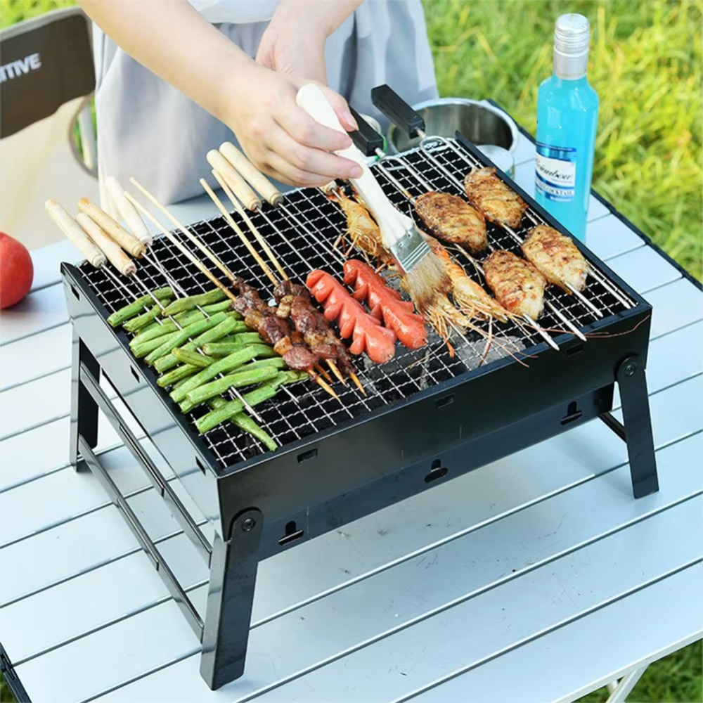 Portable Charcoal Grill, Chrome Tray, Foldable Model, Metal, Black