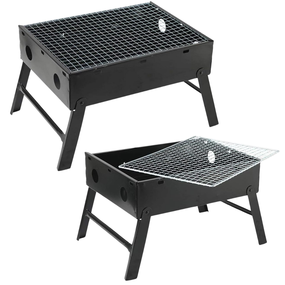 Portable Charcoal Grill, Chrome Tray, Foldable Model, Metal, Black
