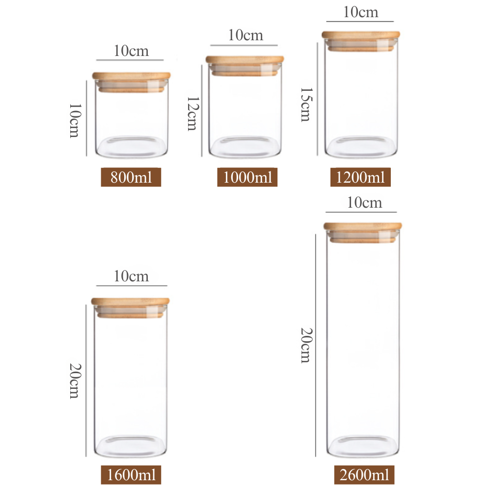 Комплект от 5 контейнера за съхранение на храна, стъкло, херметични капаци, изработени от бамбуково/акациево дърво