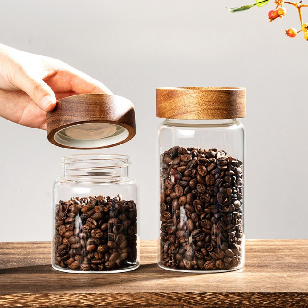 Set of 5 Food Storage Containers, Screw Closure, Acacia Wood, Glass