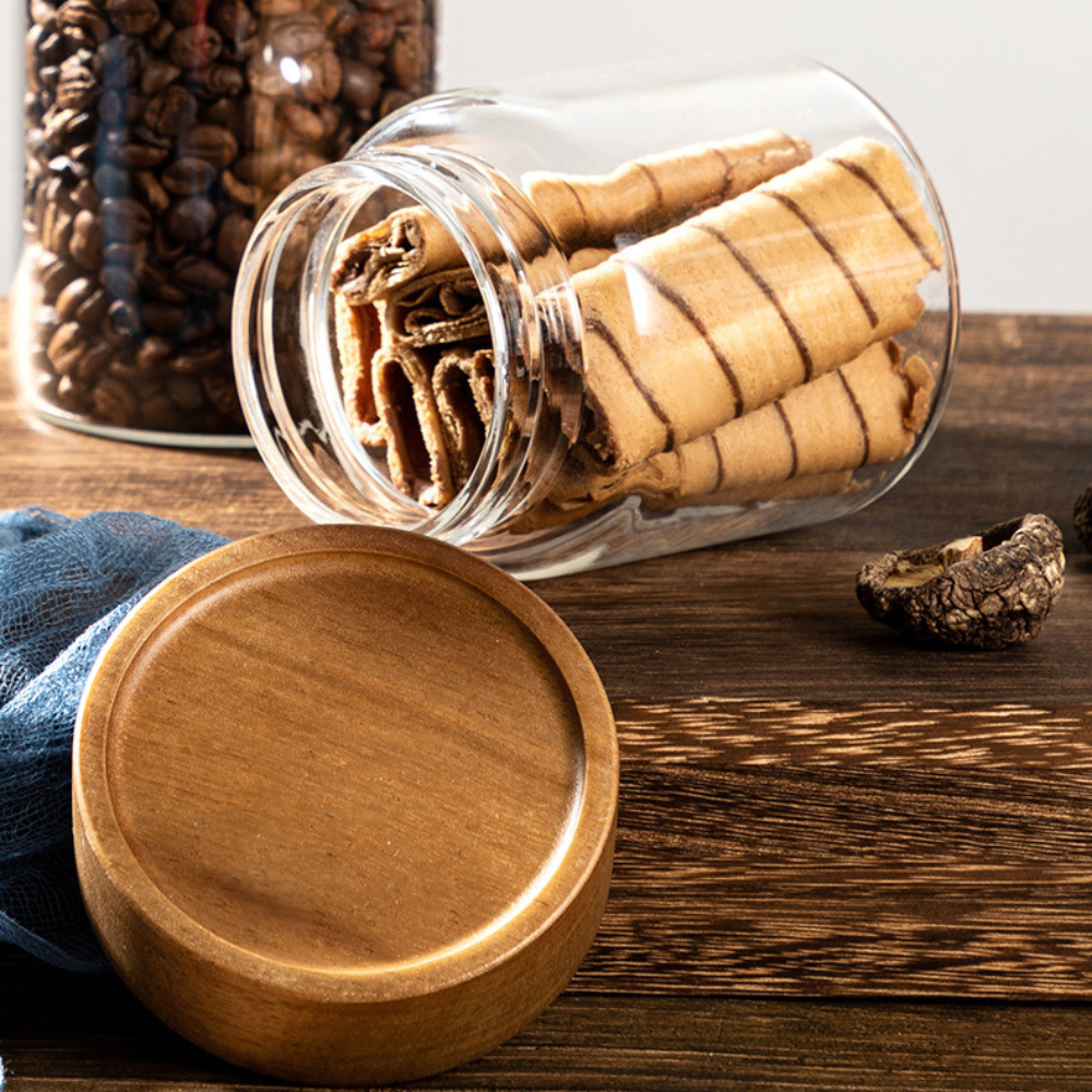 Set of 5 Food Storage Containers, Screw Closure, Acacia Wood, Glass