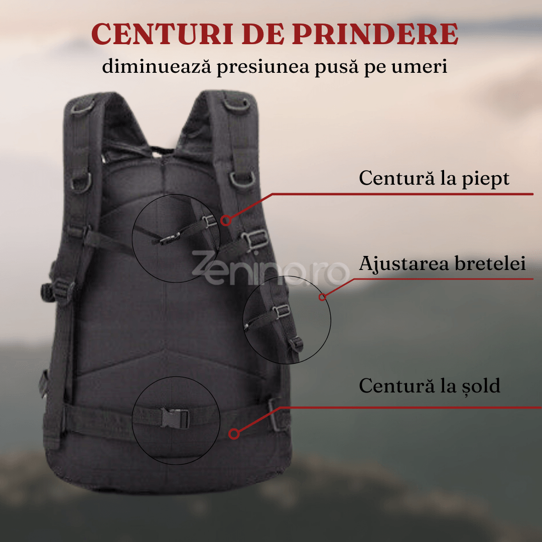 Military Tactical Backpack, 40L, Waterproof, 2 Compartments, Straps, PVC Coating, Roomy, 45x35x18cmBlack