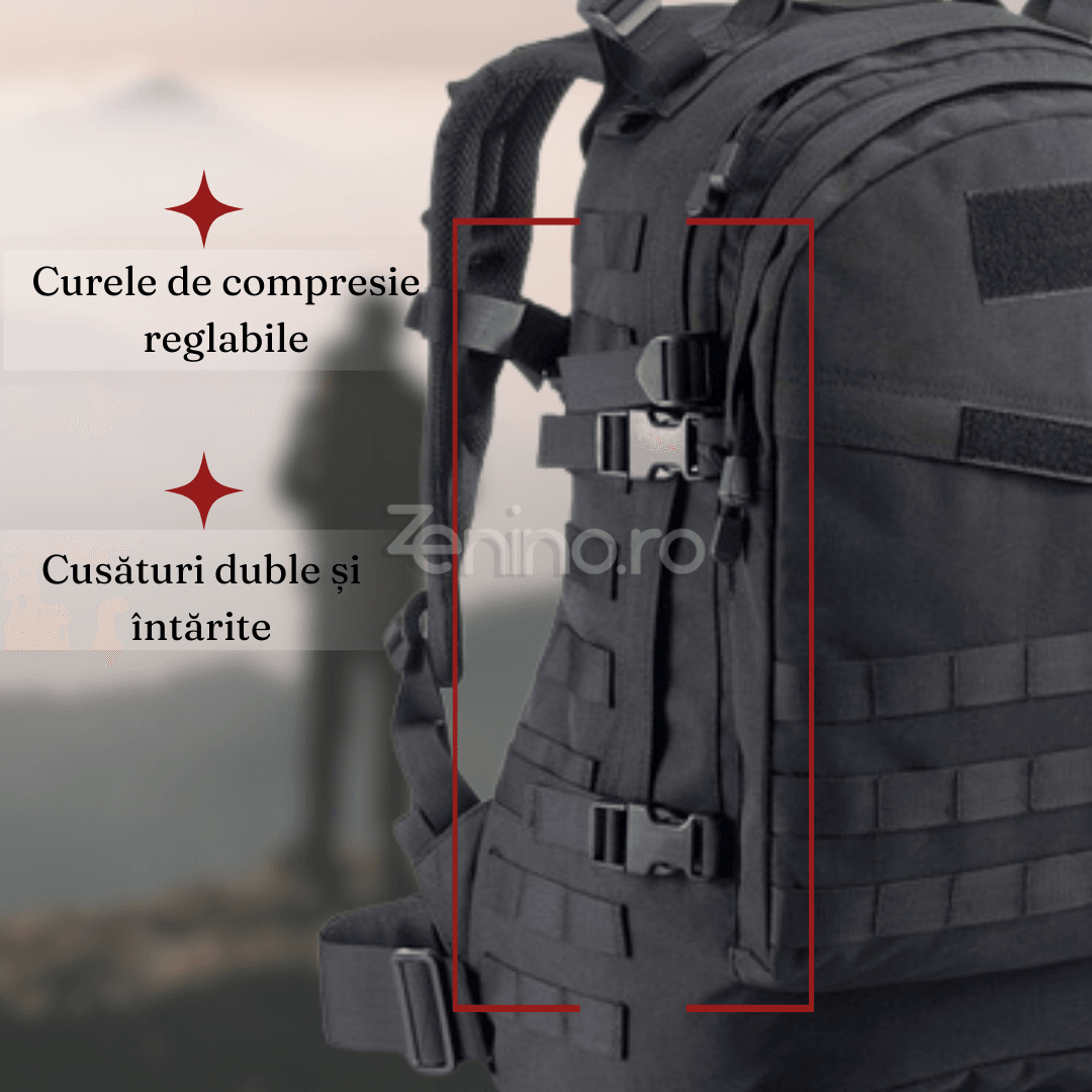 Military Tactical Backpack, 40L, Waterproof, 2 Compartments, Straps, PVC Coating, Roomy, 45x35x18cmBlack