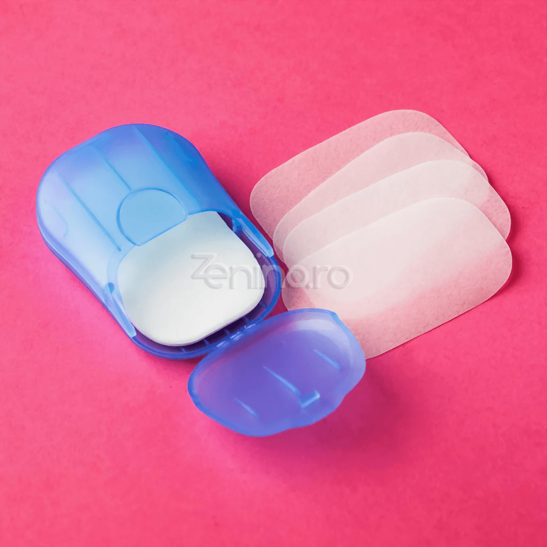 Set of 20 Soap Sheets, Mini Box Included, Single Use, Perfect for Travel, Biodegradable, Compact Size, 7x4.6cm