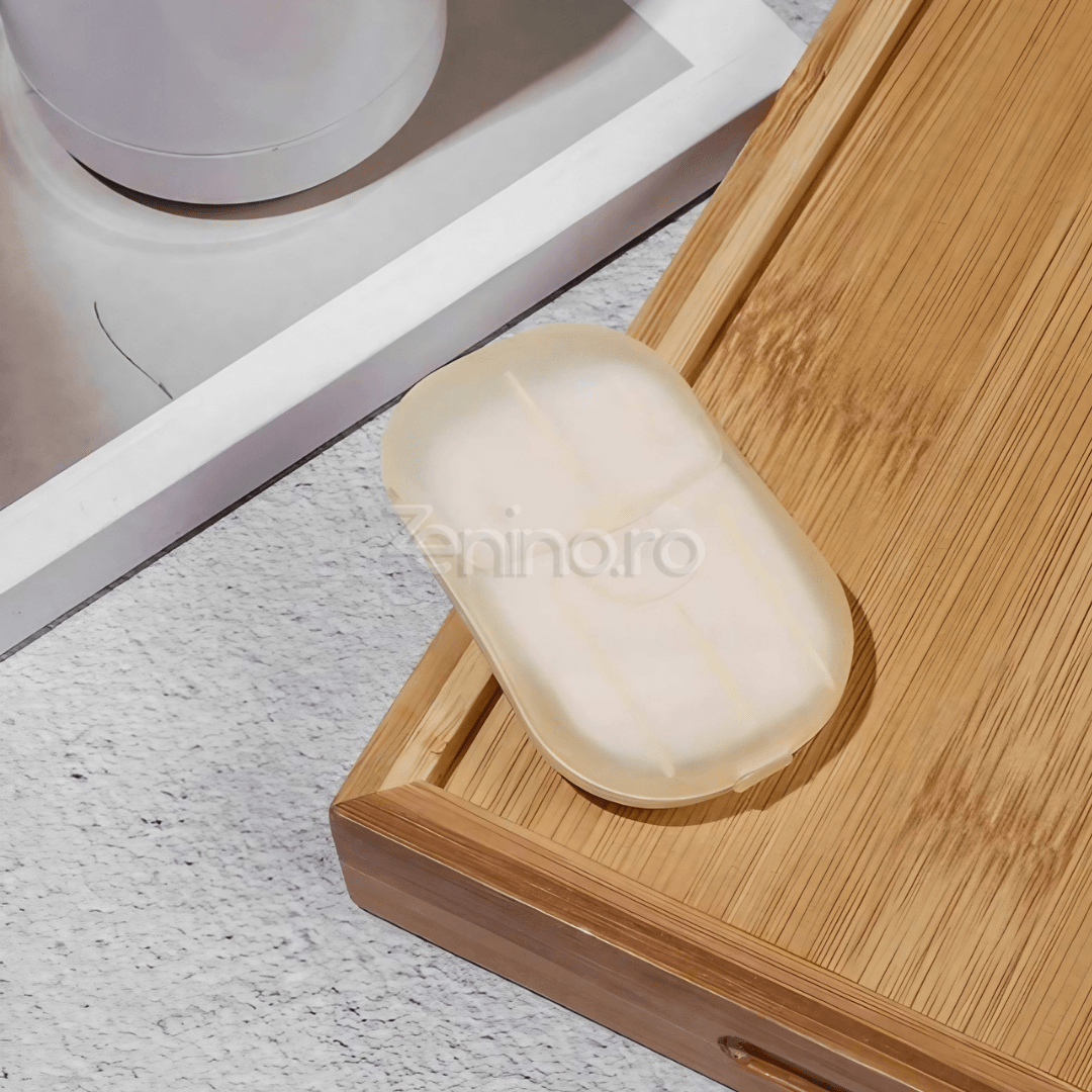 Set of 20 Soap Sheets, Mini Box Included, Single Use, Perfect for Travel, Biodegradable, Compact Size, 7x4.6cm