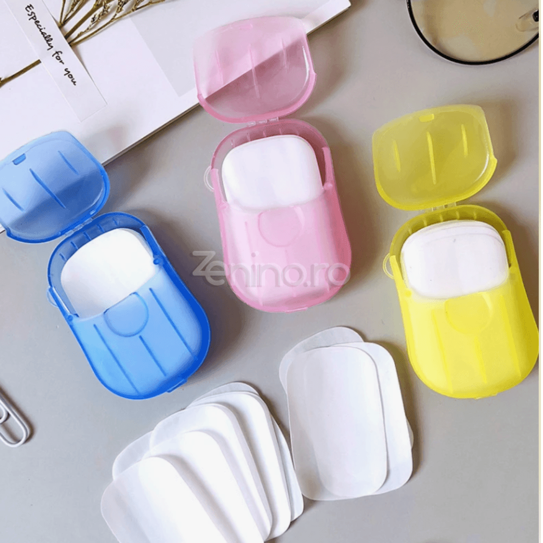 Set of 20 Soap Sheets, Mini Box Included, Single Use, Perfect for Travel, Biodegradable, Compact Size, 7x4.6cm