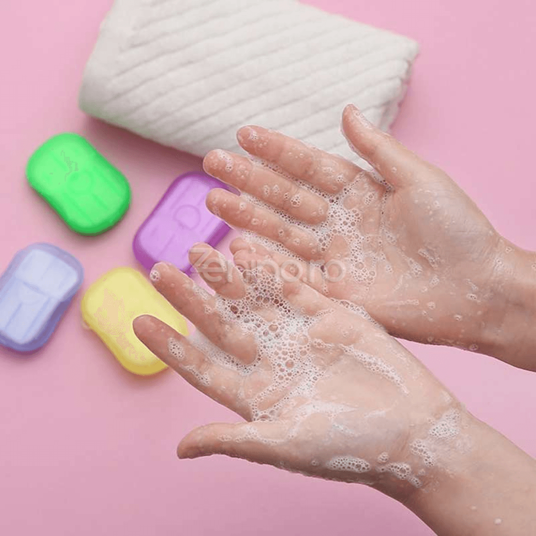 Set of 20 Soap Sheets, Mini Box Included, Single Use, Perfect for Travel, Biodegradable, Compact Size, 7x4.6cm