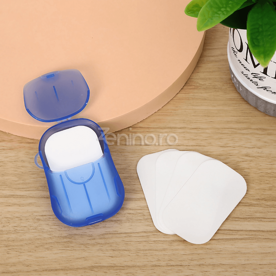 Set of 20 Soap Sheets, Mini Box Included, Single Use, Perfect for Travel, Biodegradable, Compact Size, 7x4.6cm