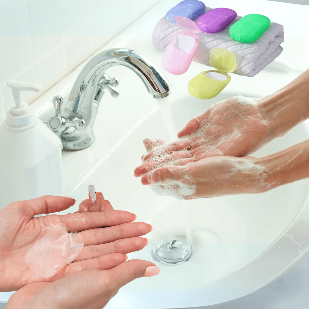 Set of 20 Soap Sheets, Mini Box Included, Single Use, Perfect for Travel, Biodegradable, Compact Size, 7x4.6cm