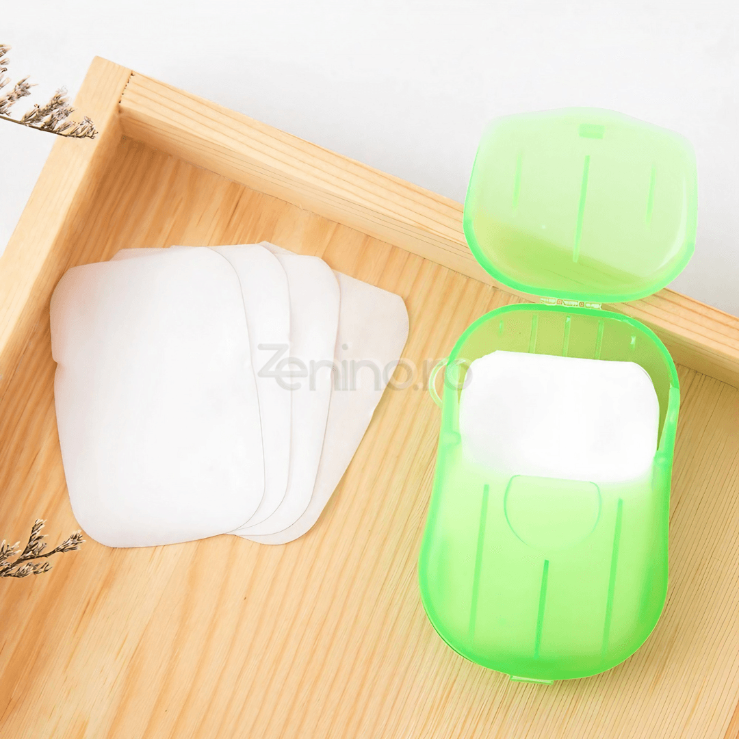 Set of 20 Soap Sheets, Mini Box Included, Single Use, Perfect for Travel, Biodegradable, Compact Size, 7x4.6cm