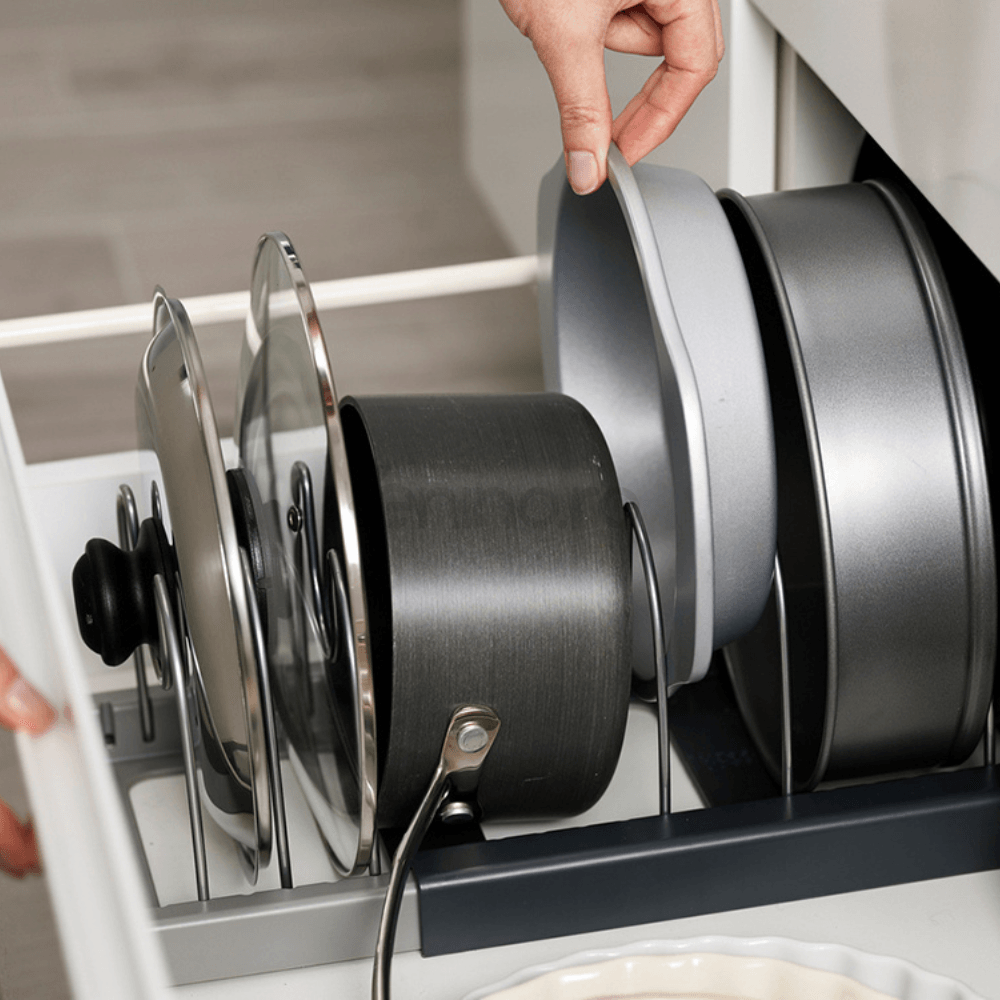 Kitchen Organization Rack, 6 Slots, for Lids, Pans, Adjustable Configuration, Easy to Clean, Gray