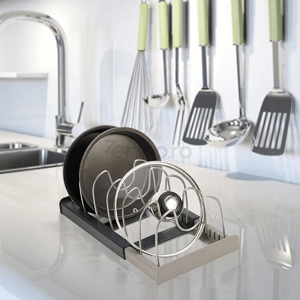 Kitchen Organization Rack, 6 Slots, for Lids, Pans, Adjustable Configuration, Easy to Clean, Gray