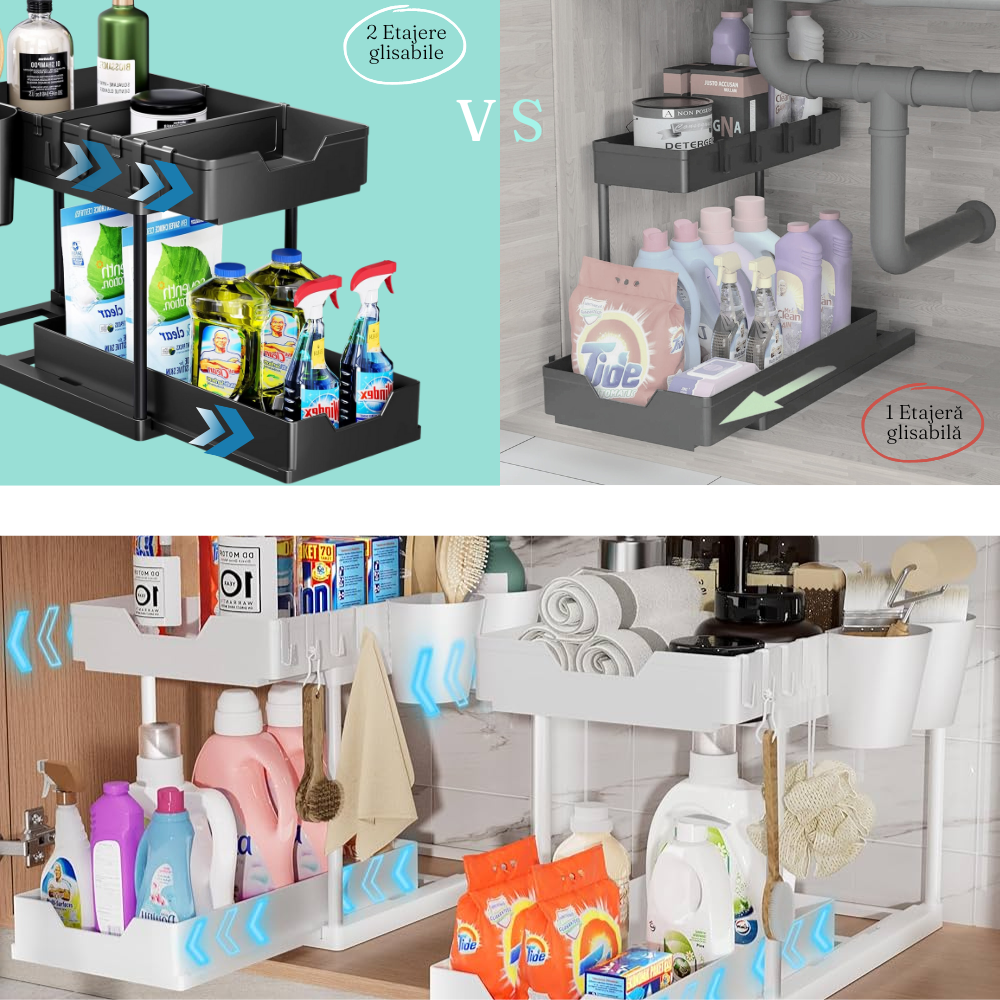 2-Tier Retractable Organizer Shelf, Fits Under Sink, Kitchen, Bathroom, Hooks Included, Plastic