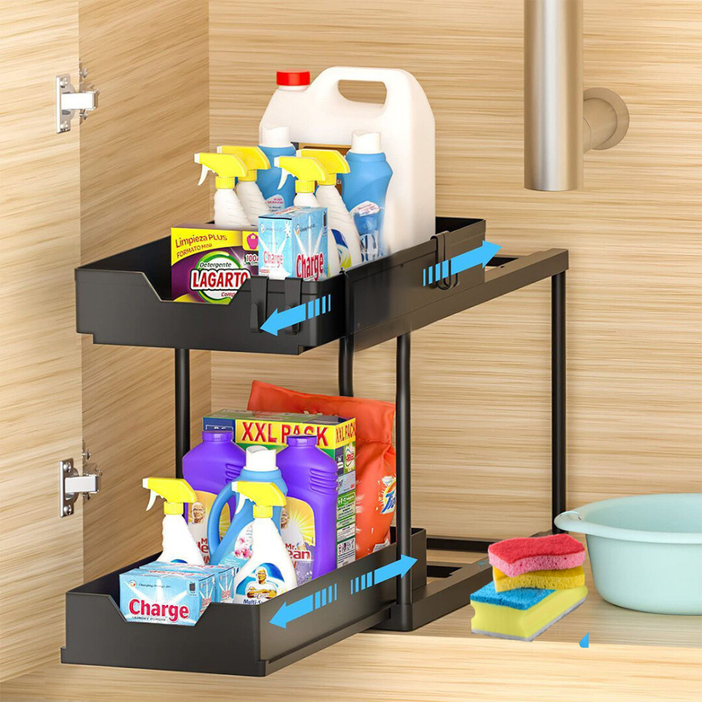 2-Tier Retractable Organizer Shelf, Fits Under Sink, Kitchen, Bathroom, Hooks Included, Plastic