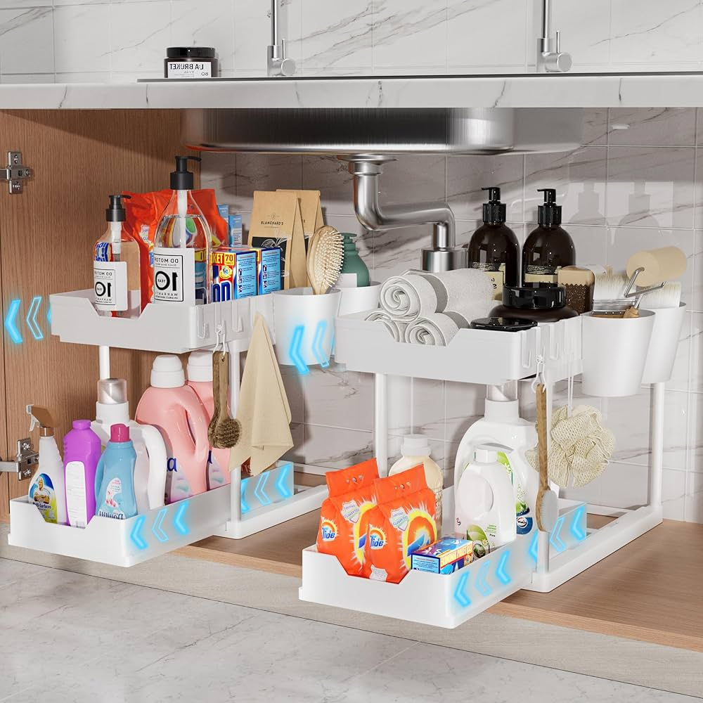 2-Tier Retractable Organizer Shelf, Fits Under Sink, Kitchen, Bathroom, Hooks Included, Plastic