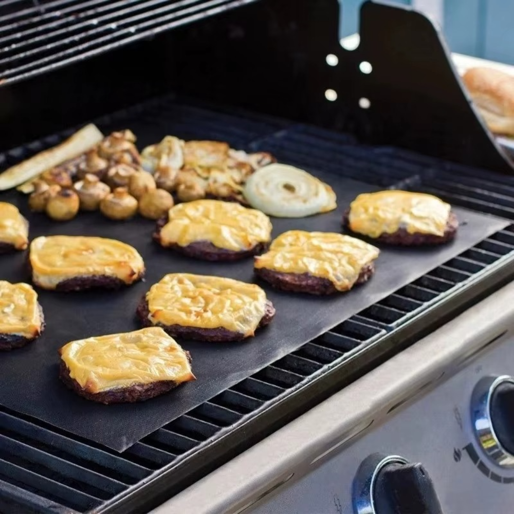 Non-Stick Grill Foil Set, Reusable, Heat Resistant, Teflon, 40x33cm, Black