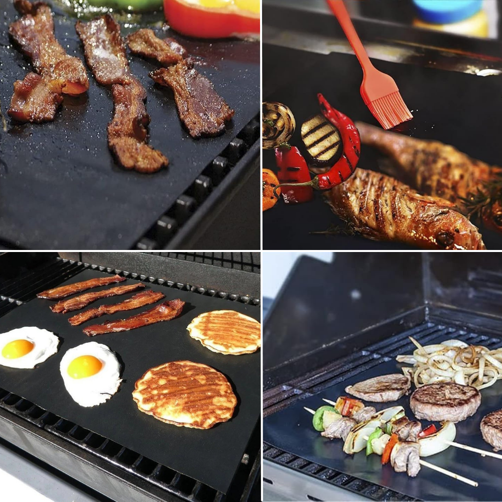 Non-Stick Grill Foil Set, Reusable, Heat Resistant, Teflon, 40x33cm, Black