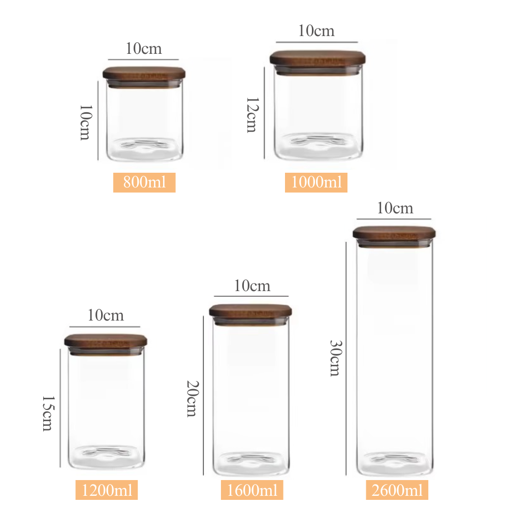 Комплект от 5 контейнера за съхранение на храна, стъкло, херметични капаци, изработени от бамбуково/акациево дърво