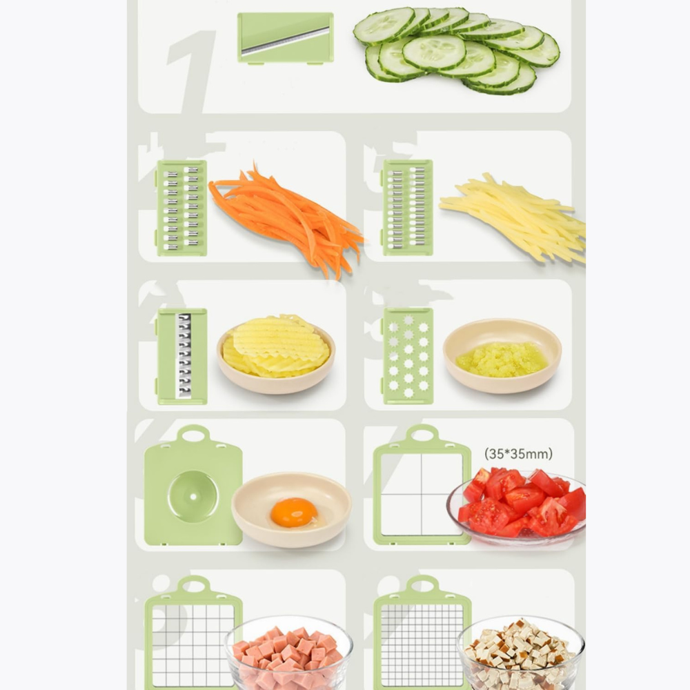 Multifunctional Slicer, 12 Pieces, for Fruits, Vegetables, Storage Container, Gray/Green