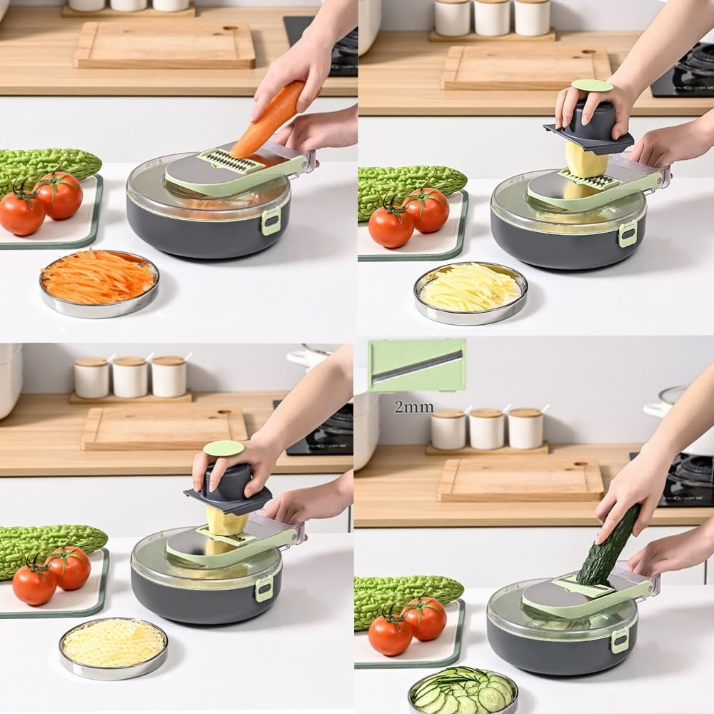 Multifunctional Slicer, 12 Pieces, for Fruits, Vegetables, Storage Container, Gray/Green