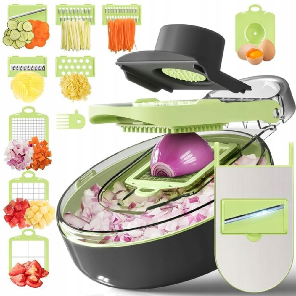 Multifunctional Slicer, 12 Pieces, for Fruits, Vegetables, Storage Container, Gray/Green
