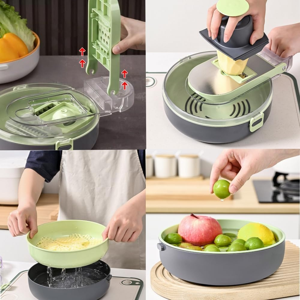 Multifunctional Slicer, 12 Pieces, for Fruits, Vegetables, Storage Container, Gray/Green
