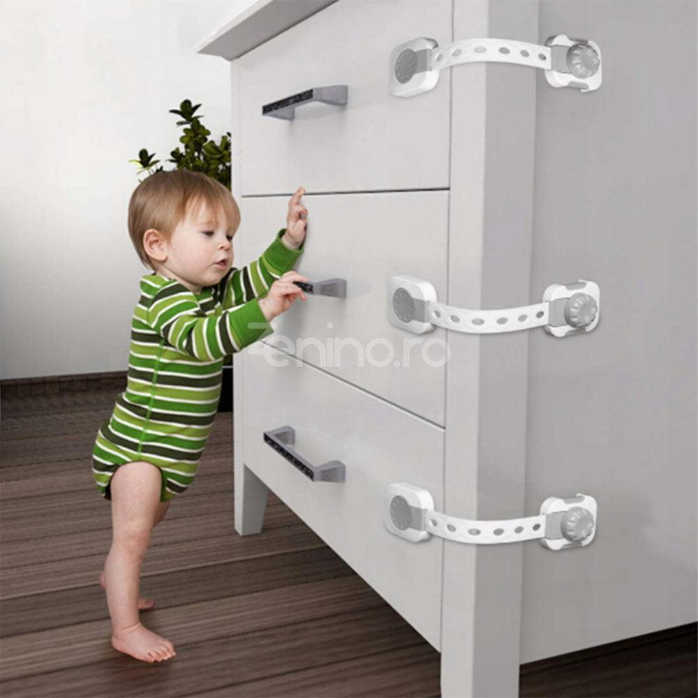 Комплект от 6 детски предпазни решетки, за шкаф, чекмедже, заключващо колело, регулируема дължина, лепило за закрепване, бяло