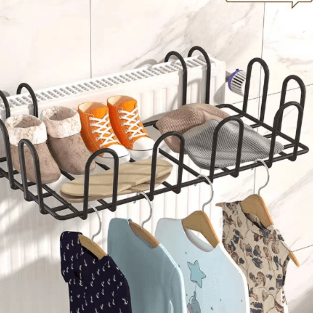 Clothes Drying Rack, 8 Shoe Spaces, with Hangers, Compact Model, Metal, Black