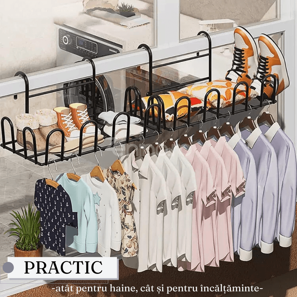 Clothes Drying Rack, 8 Shoe Spaces, with Hangers, Compact Model, Metal, Black