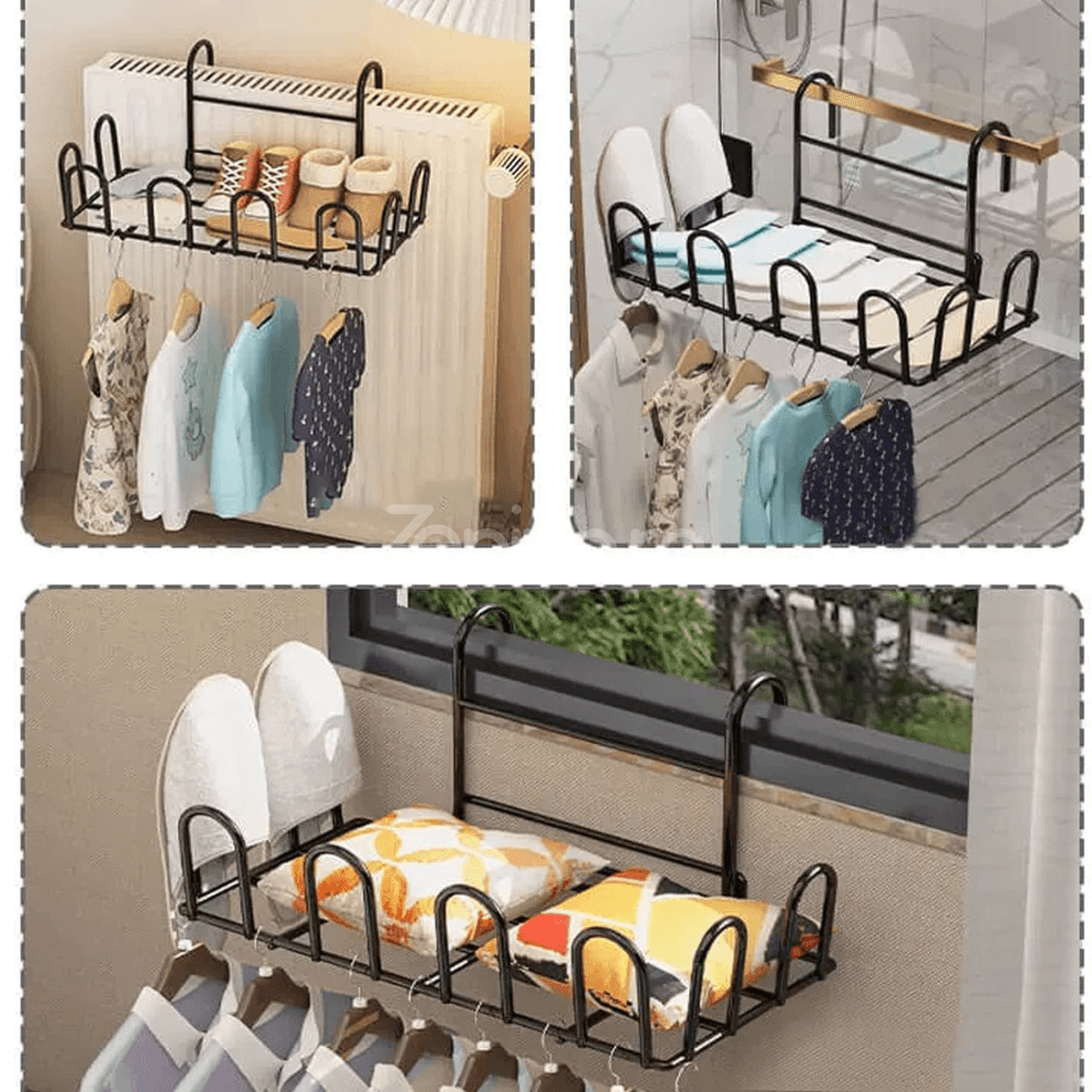 Clothes Drying Rack, 8 Shoe Spaces, with Hangers, Compact Model, Metal, Black