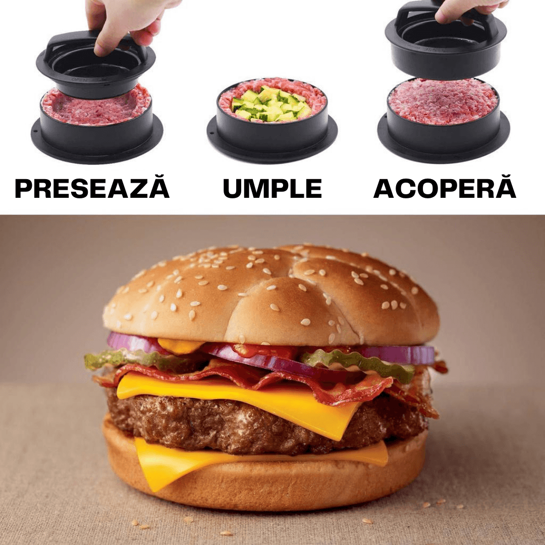 3in1 Hamburger Press, Non-Stick, Easy to Clean, Simple to Use, Diameter 16.5 cm, Black