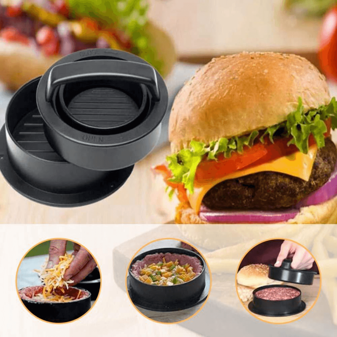 3in1 Hamburger Press, Non-Stick, Easy to Clean, Simple to Use, Diameter 16.5 cm, Black