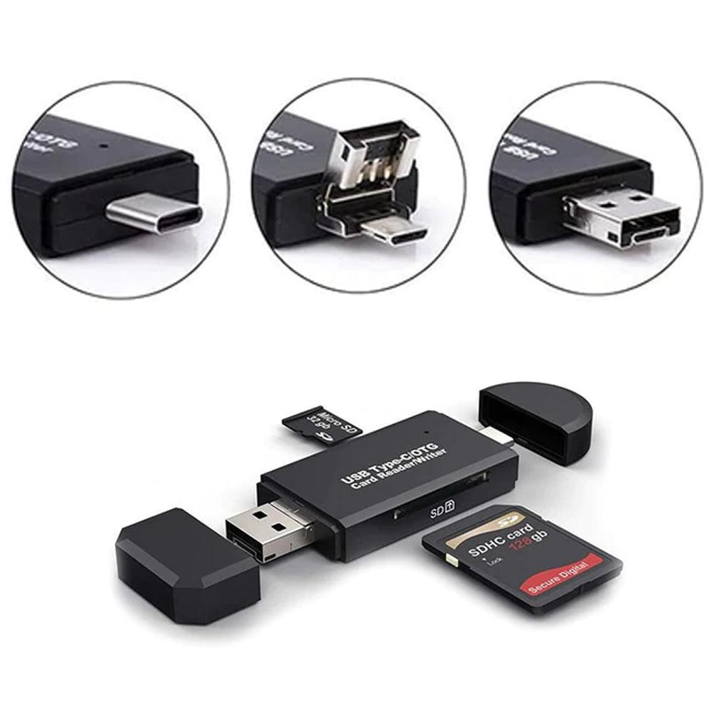 5в1 четец за карти, USB/USB 3.1/Type-C/Micro SD/SD, четене, запис, съхранение, 480mb/s, с капак, черен
