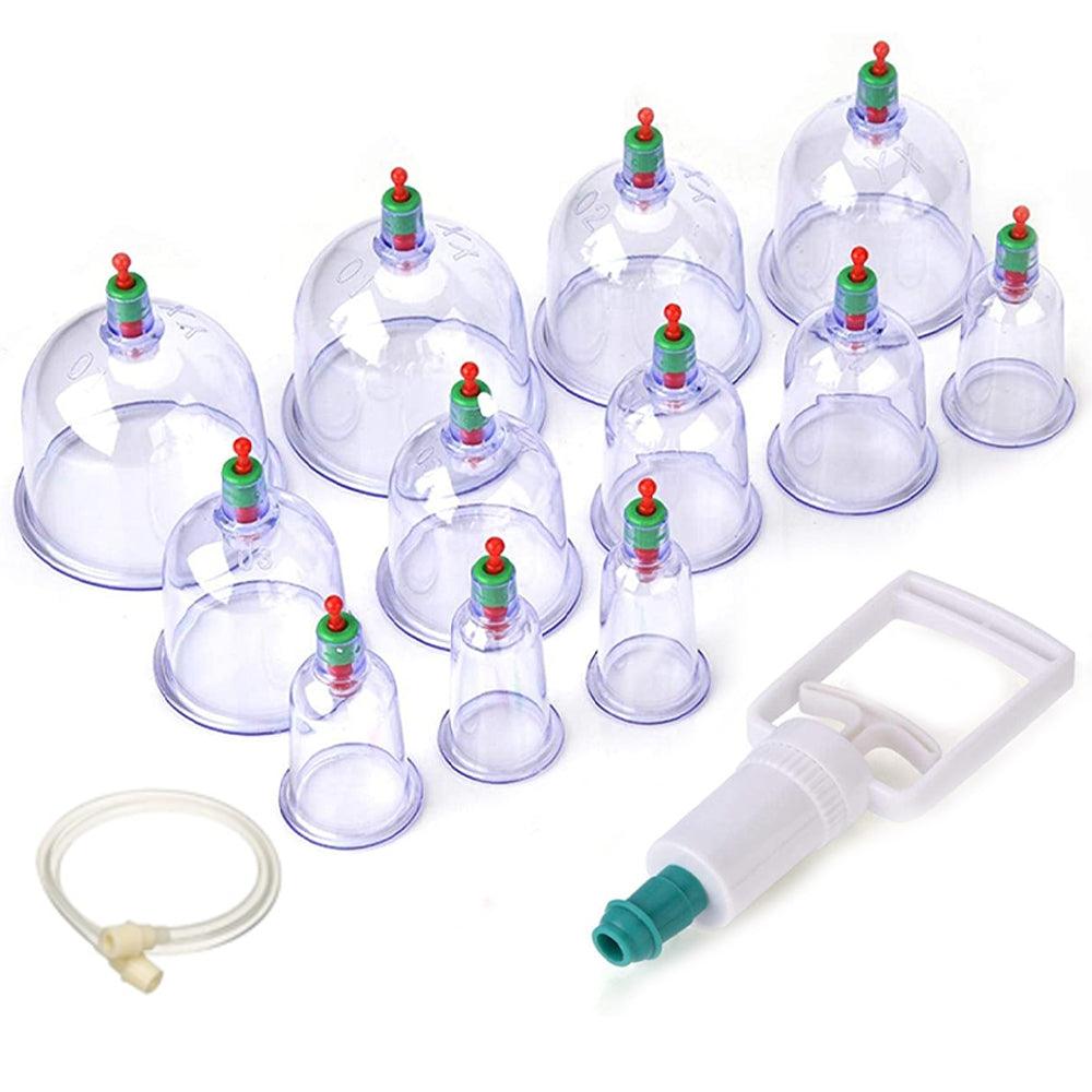 Set of 12 Massage Cupping Cups, Vacuum Pump, Anti-Cellulite, Therapy, Relaxation, White