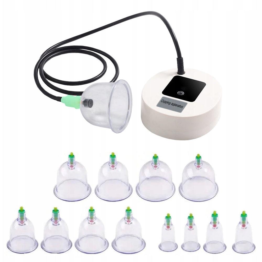 Set of 12 Massage Cups, Electric Vacuum Device, Anti-Cellulite, Batteries, Micro USB Charging, Therapy, Relaxation, White
