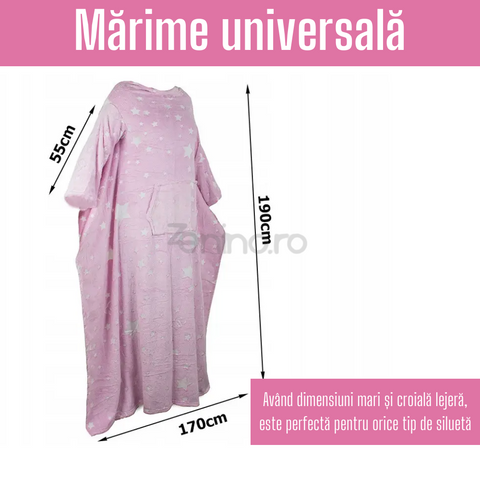 Patura cu Maneci si Buzunar Tip Marsupiu, din Fleece, Calduroasa, Moale, Confortabila, Marime Universala, Model Fosforescent