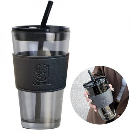 Cana Cafea cu Pai, Capacitate 480ml, din Sticla, Protectie Lichide Fierbinti, 14.5cm, Maro, Negru