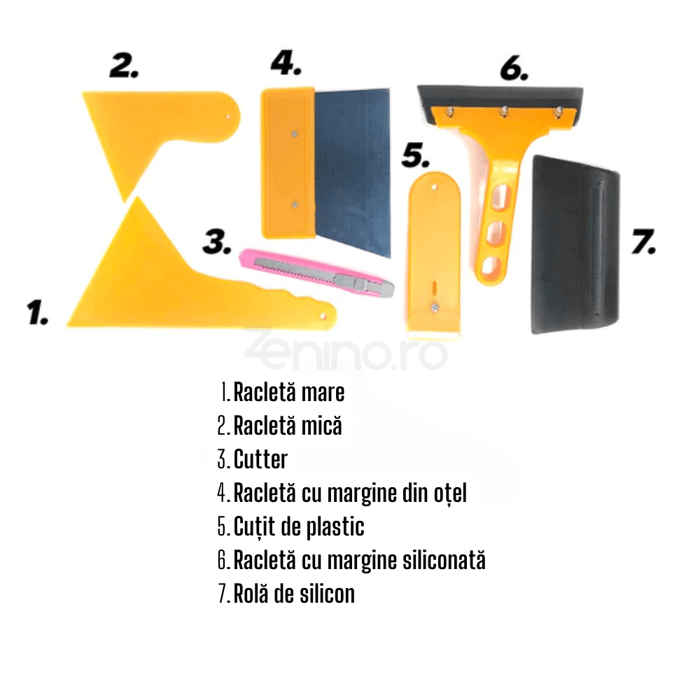 Kit 7 Accesorii pentru Montare Folii Adezive, Plastic, Otel si Silicon, Compact, Portabil, Uz Profesional si Amatori, Instalare Folii Geamuri, Reclame, Colantare Auto