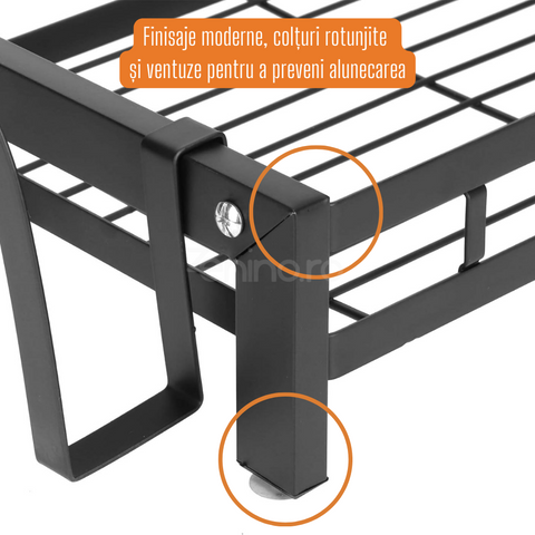 Raft Organizator de Bucatarie - 3 Etajere, pentru Condimente si Ustensile, Suport Tacamuri, Scurgator, Accesorii Detasabile, Anti-Alunecare, Rezistent, Economisire Spatiu, Otel Inoxidabil, Negru, 60x21x39 cm