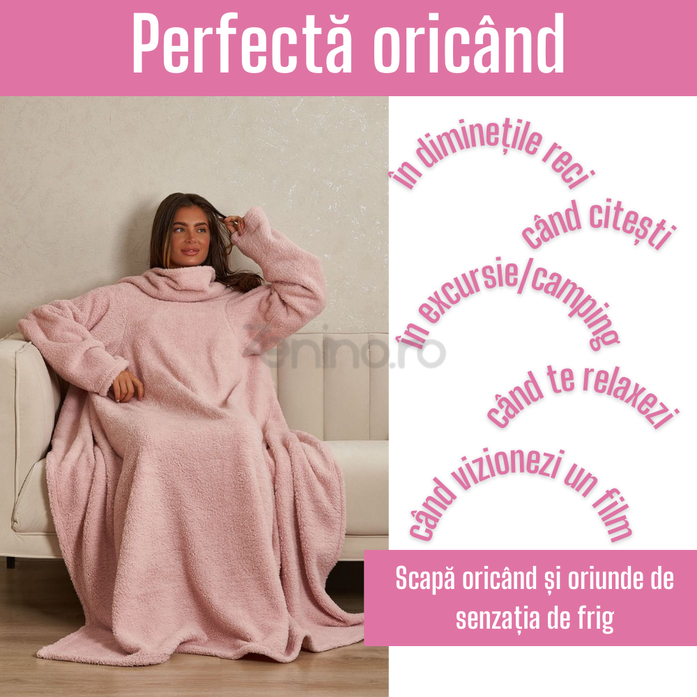 Patura cu Maneci si Buzunar Tip Marsupiu, din Fleece, Calduroasa, Moale, Confortabila, Marime Universala, Model Fosforescent