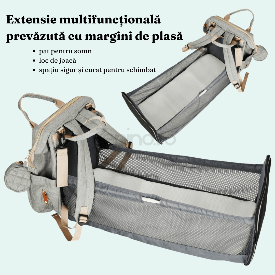 Ghiozdan Bebelusi, Multifunctional, Impermeabil, Izotermic, Prindere pe Carucior, Saltea, Extensie 70x30, USB Integrat, Gri