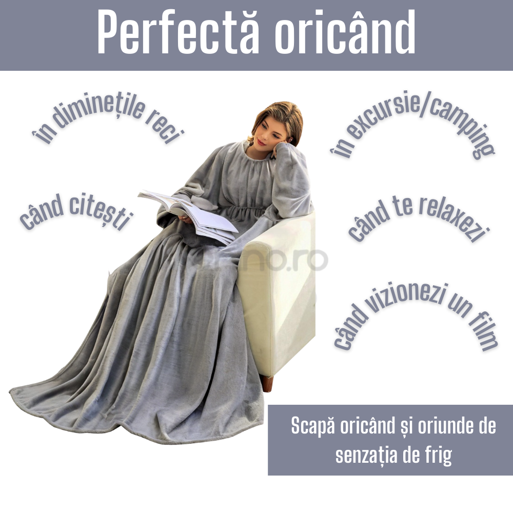 Patura cu Maneci si Buzunar Tip Marsupiu, din Fleece, Calduroasa, Moale, Confortabila, Marime Universala, Model Fosforescent