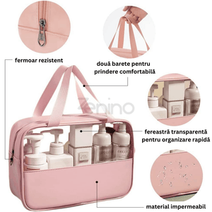 Geanta Organizare, Cosmetice, Medicamente, Produse de Ingrijire, pentru Calatorii si Depozitare, Fermoar, 2 Barete, Impermeabila, Rezistenta, Portabila, Fereastra Transparenta, Incapatoare, 30X21X12 cm