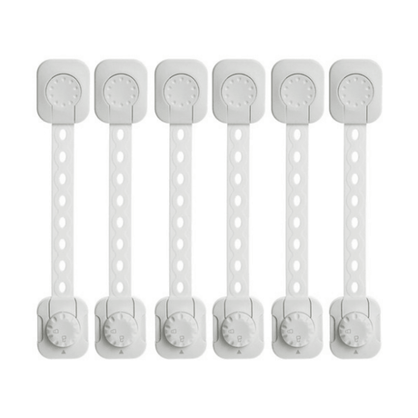 Set of 6 Child Protections, for Cabinet, Drawer, Locking Wheel, Adjustable Length, Adhesive Fixing, White
