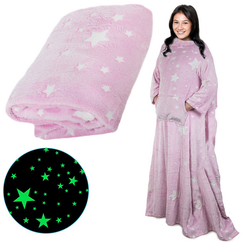 Patura cu Maneci si Buzunar Tip Marsupiu, din Fleece, Calduroasa, Moale, Confortabila, Marime Universala, Model Fosforescent