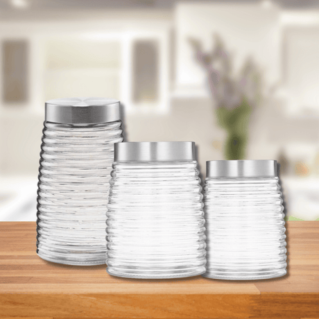Set of 3 Containers, for Spices, Pasta, Cereals, Hermetic Closure, Stainless Steel Lid, Resistant Glass, Ribbed, Transparent