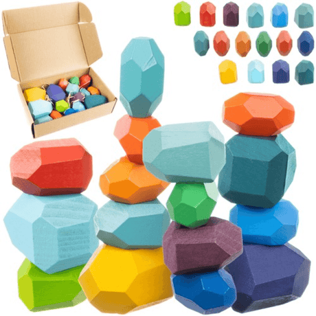 Set of 16 Colored Stones, Montessori, Develops Skills, Dexterity, Imagination, Coordination, Balance Game, Different Shapes and Sizes, Wood, Multicolor